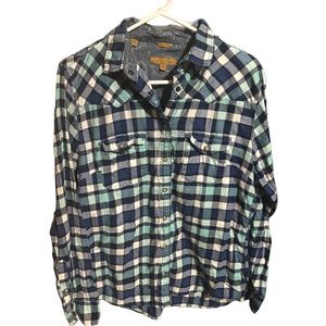 Jachs Girlfriend Bea Pearl Snap Blue Plaid Flannel Western Shirt Women Medium
